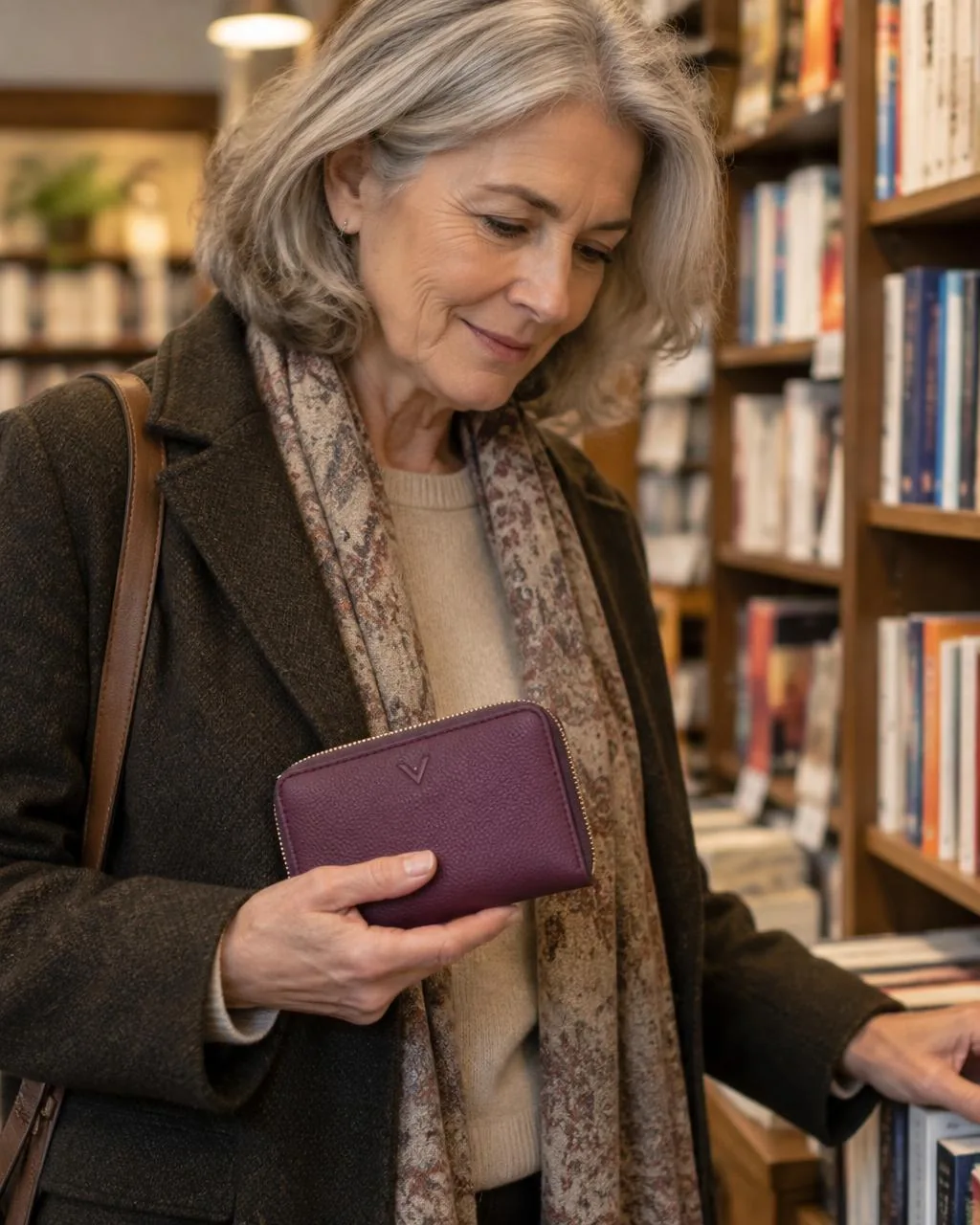 Wacco Pride Wallet in plum, held in a bookshop, WACCO Studio Vancouver