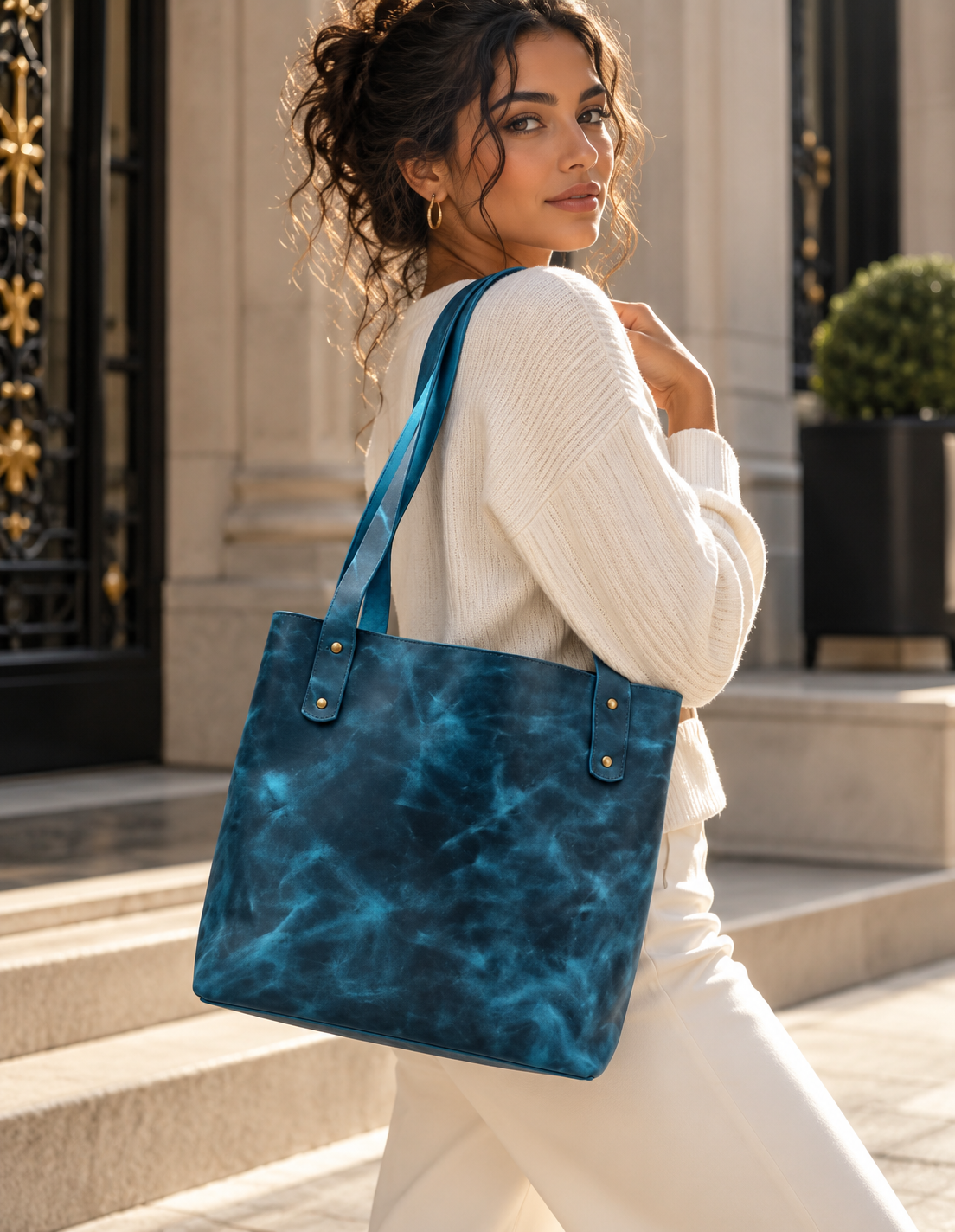 The Vancouver Tote in blue on sunlit steps, WACCO Studio Vancouver