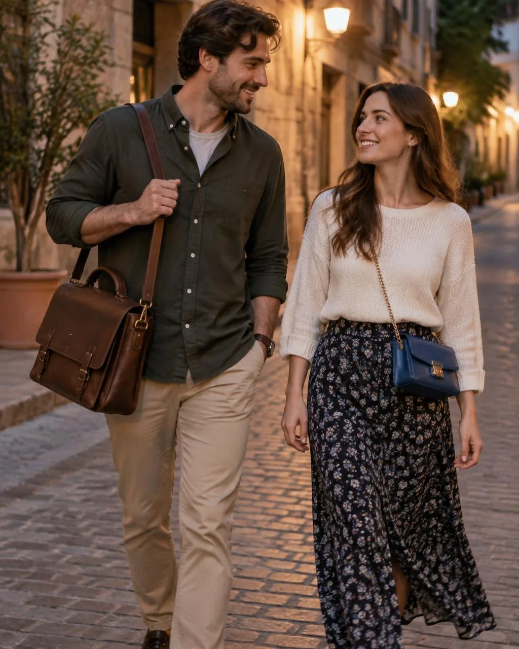 Voyager Messenger in brown and Mini Crossbody in blue, a couple on a brick street in the evening, WACCO Studio Vancouver