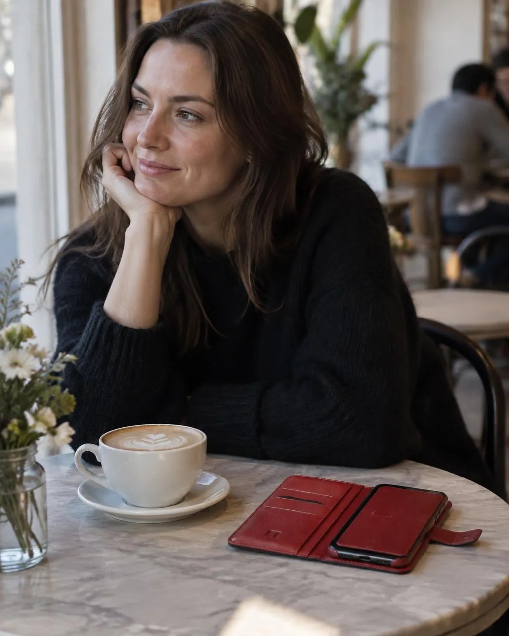 Paris Phone Wallet in red, open on a café table with a phone inside, WACCO Studio Vancouver