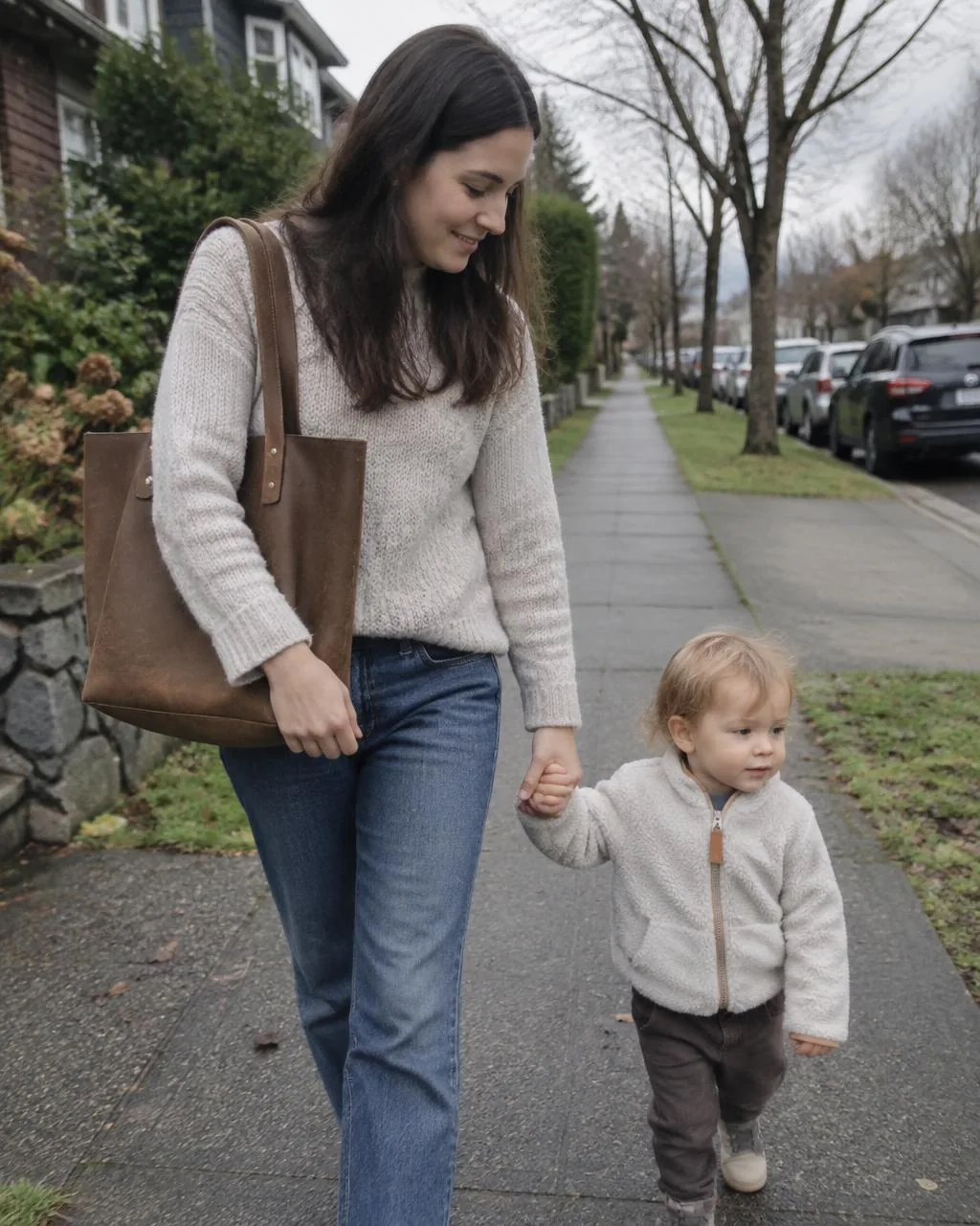 The Vancouver Tote in brown, on a mother's shoulder walking with her toddler, WACCO Studio Vancouver