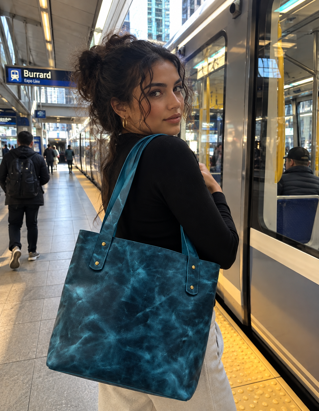 The Vancouver Tote in blue at Burrard Station, WACCO Studio Vancouver