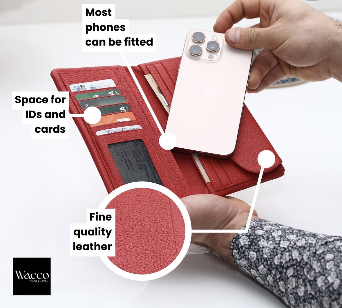 Paris Phone Wallet in red pebbled leather, open, with card slots, a clear ID window and a phone inside, WACCO Studio Vancouver
