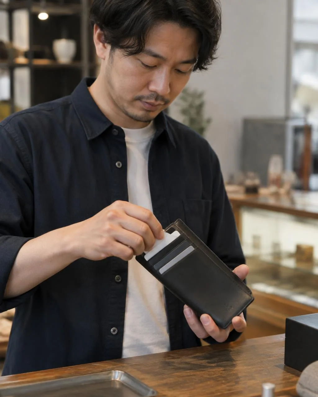Toronto Long Wallet in black, pulling a card at a shop counter, WACCO Studio Vancouver