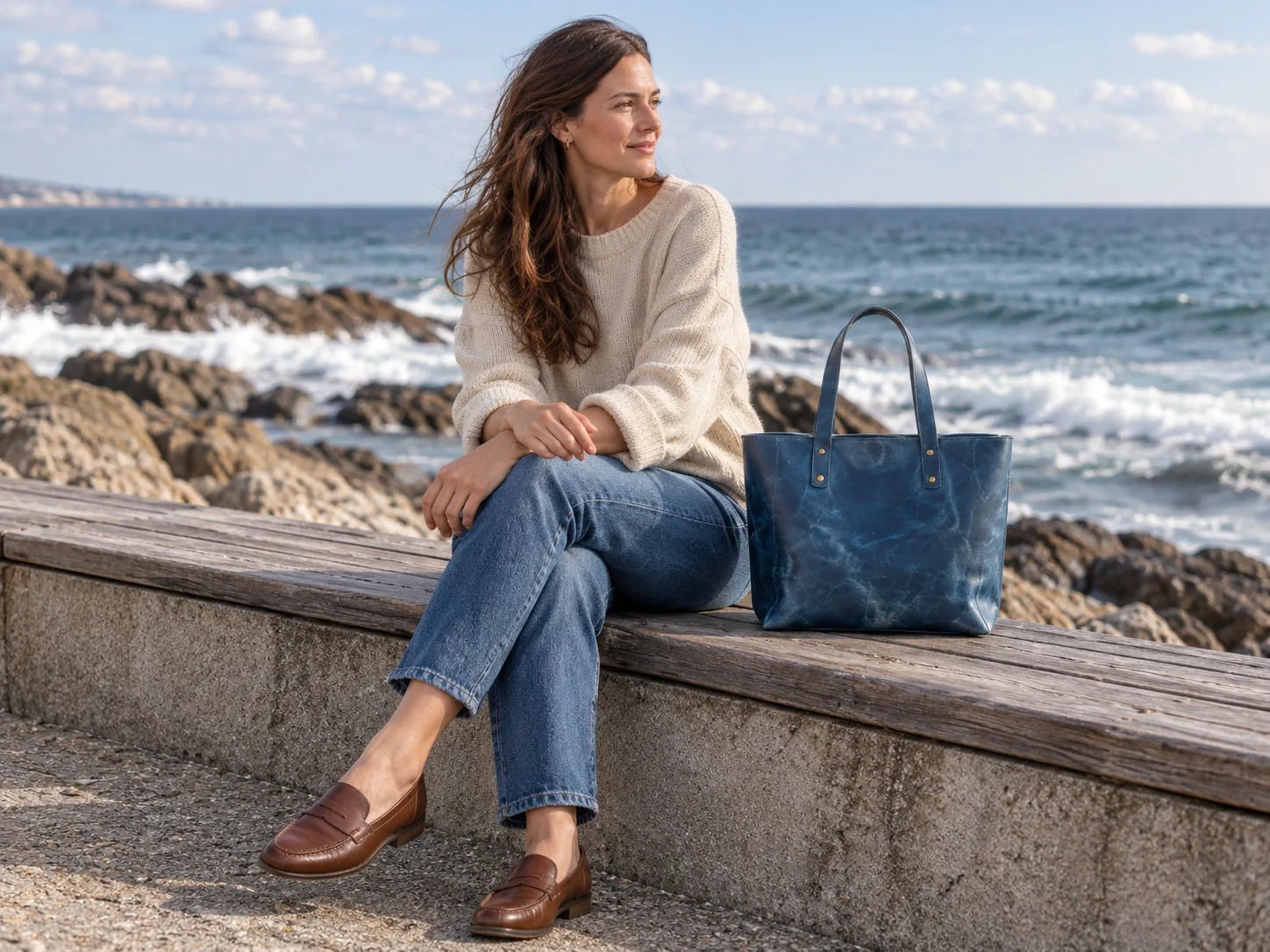Woman sitting on a seawall beside a blue Vancouver Tote, WACCO Studio Vancouver