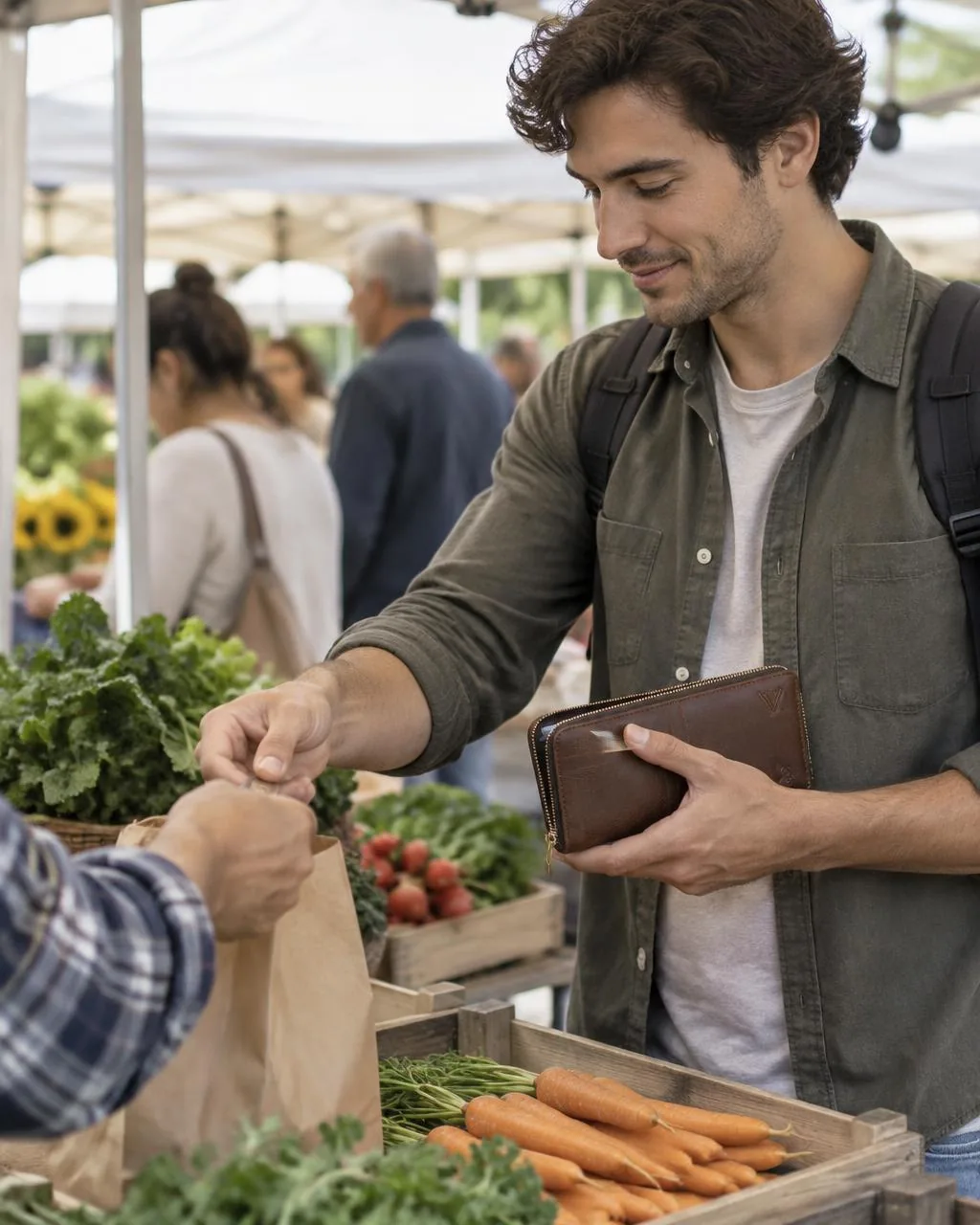 Burhan Zip Wallet in brown, paying at a farmers market stall, WACCO Studio Vancouver