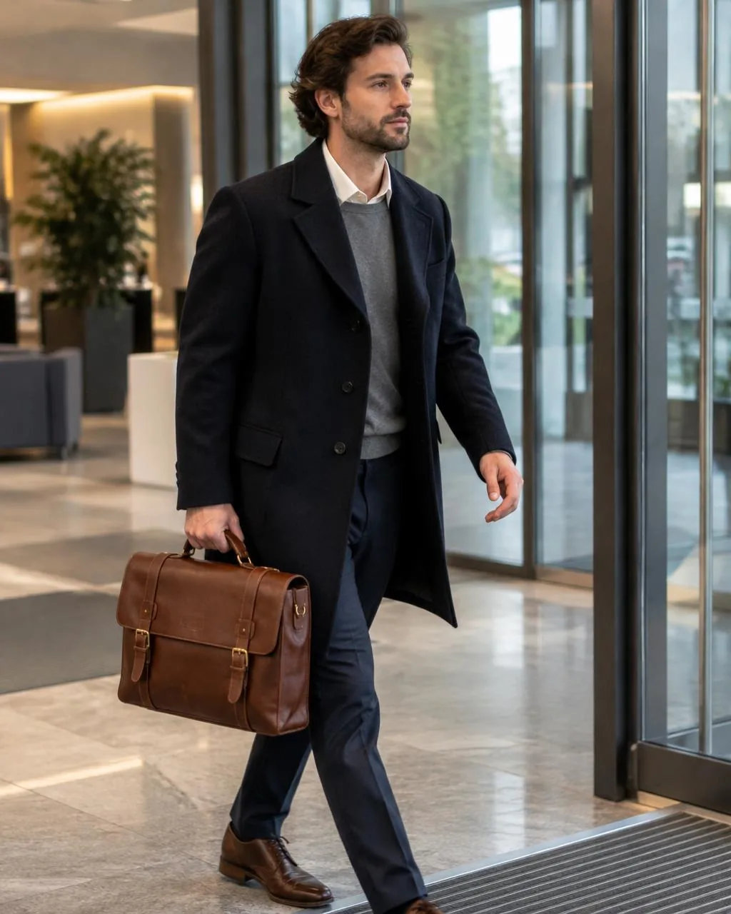 Downtown Brief in cognac, carried by its handle into an office lobby, WACCO Studio Vancouver